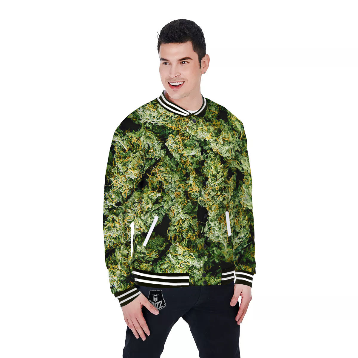 Weed Green Print Baseball Jacket-grizzshop