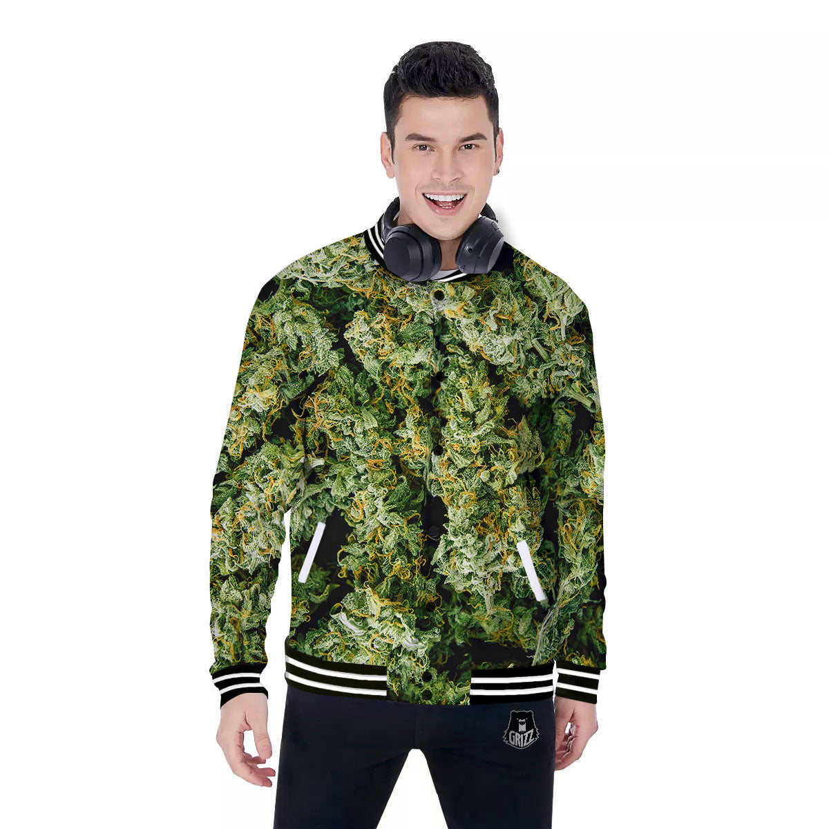 Weed Green Print Baseball Jacket-grizzshop