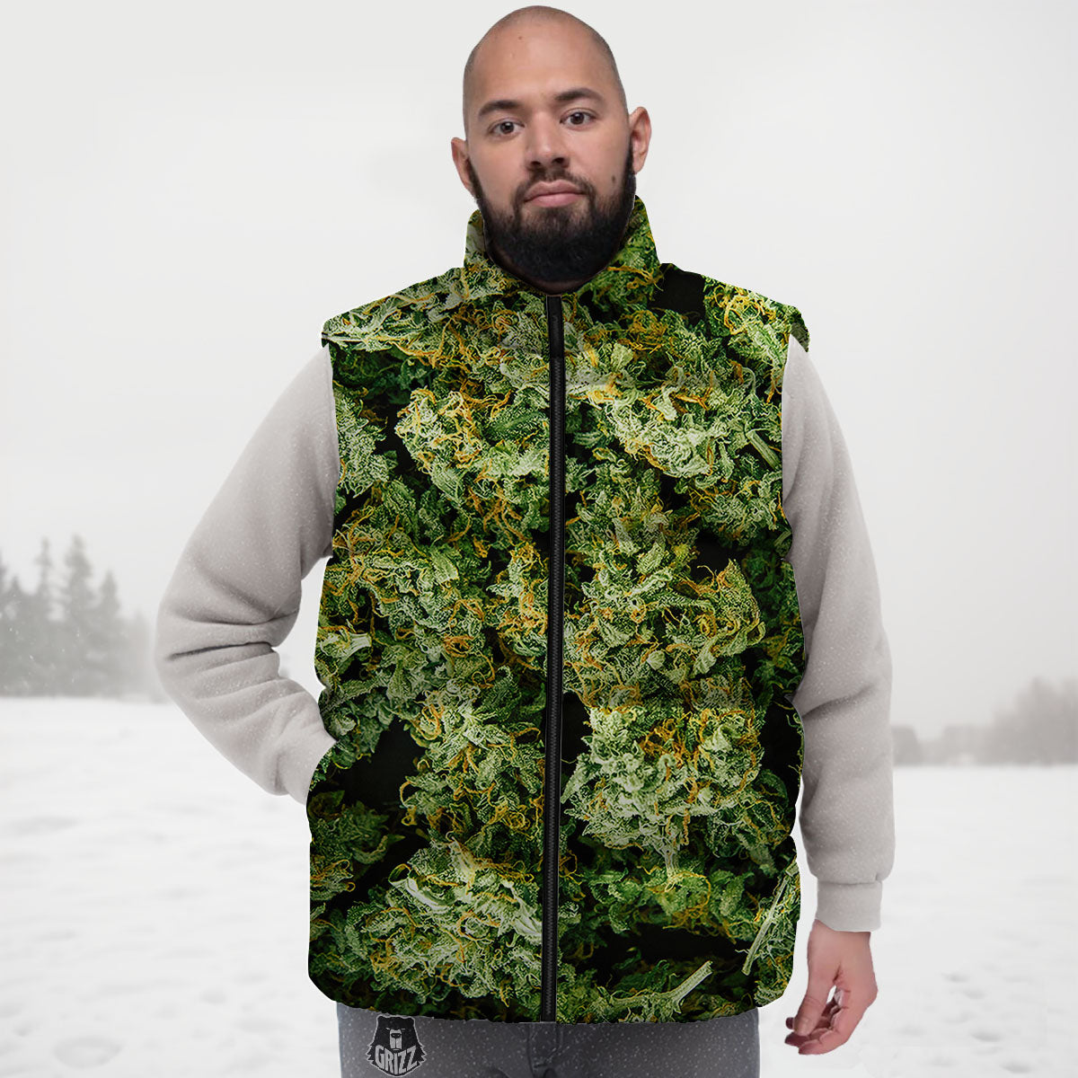 Weed Green Print Down Vest-grizzshop