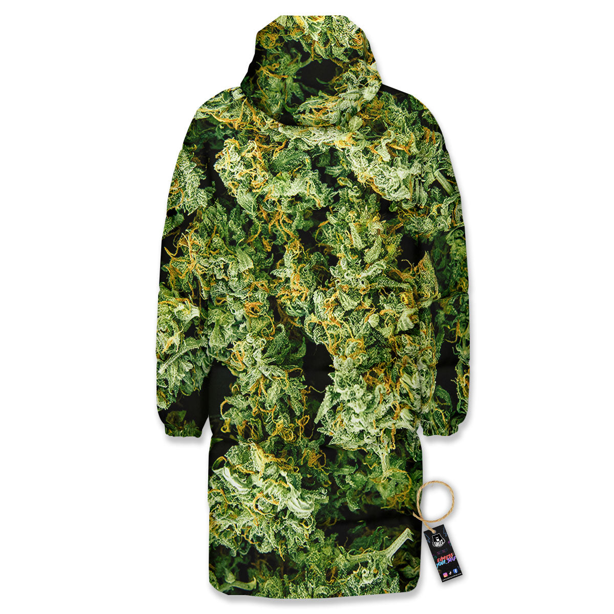Weed Green Print Long Down Jacket-grizzshop