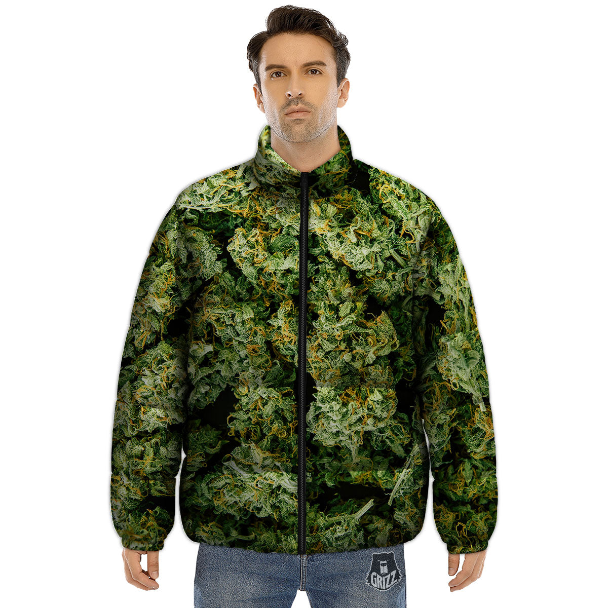 Weed Green Print Puffer Jacket-grizzshop