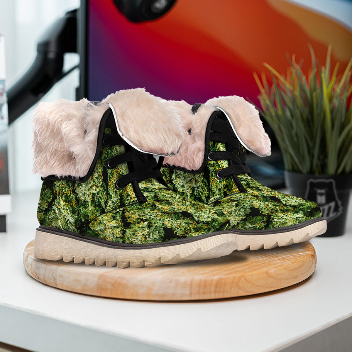 Weed Green Print Snow Boots-grizzshop