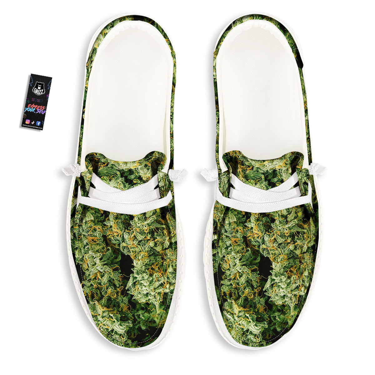 Weed Green Print White Loafers-grizzshop