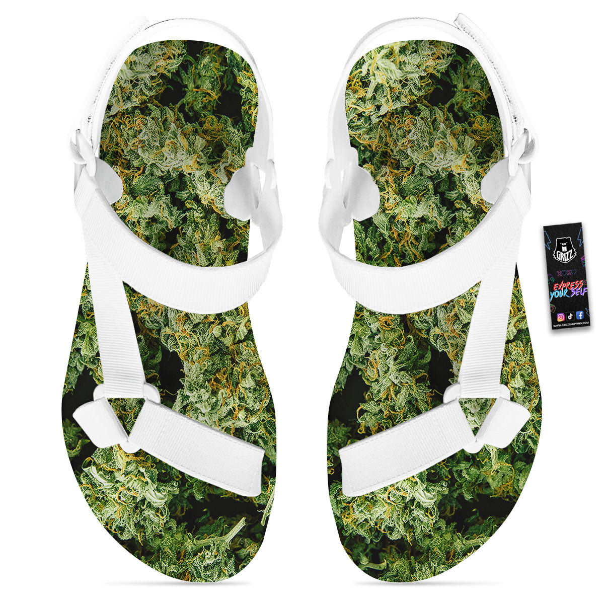 Weed Green Print White Open Toe Sandals-grizzshop