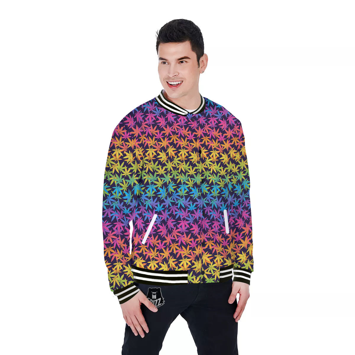 Weed Leaf Colorful Print Pattern Baseball Jacket-grizzshop