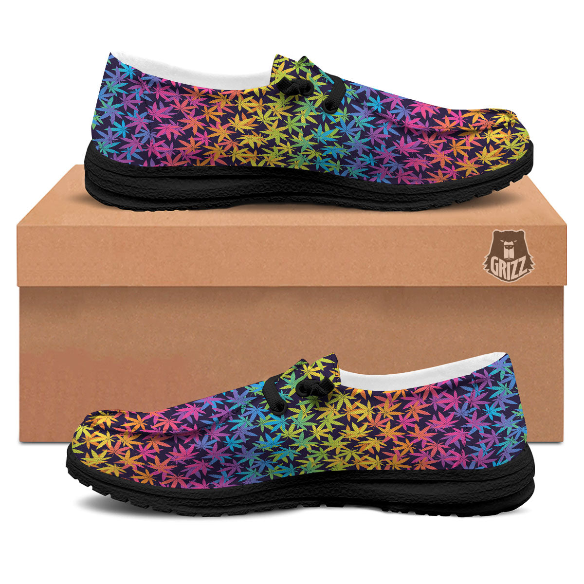 Weed Leaf Colorful Print Pattern Black Loafers-grizzshop