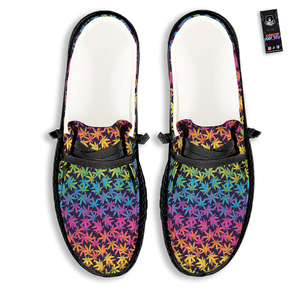 Weed Leaf Colorful Print Pattern Black Loafers-grizzshop
