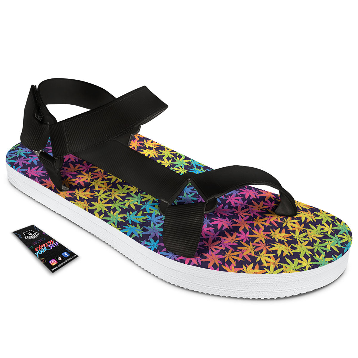 Weed Leaf Colorful Print Pattern Black Open Toe Sandals-grizzshop