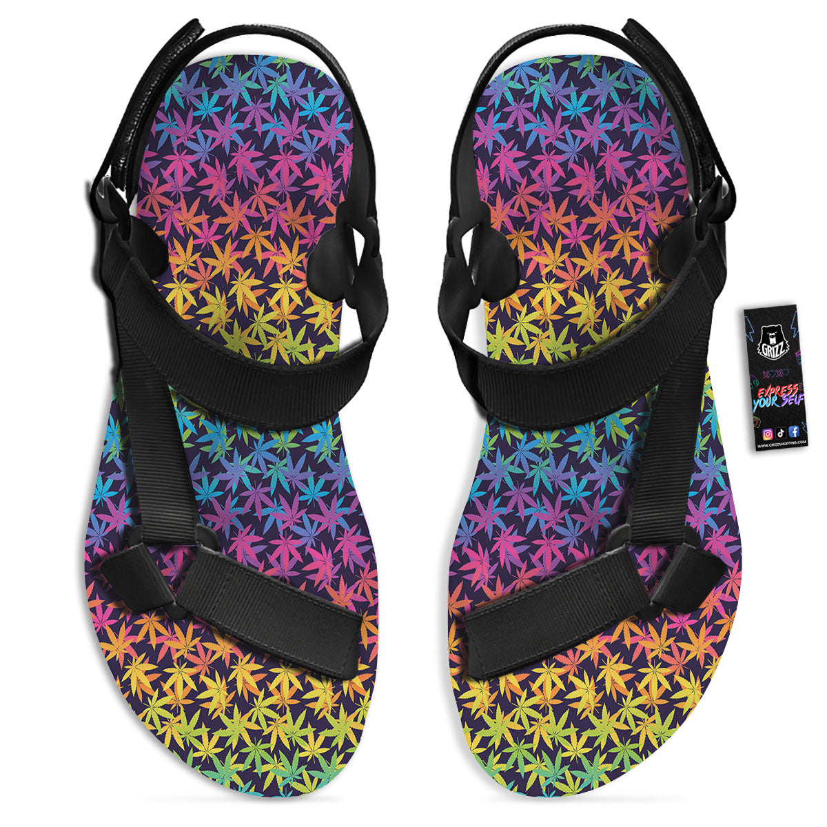 Weed Leaf Colorful Print Pattern Black Open Toe Sandals-grizzshop