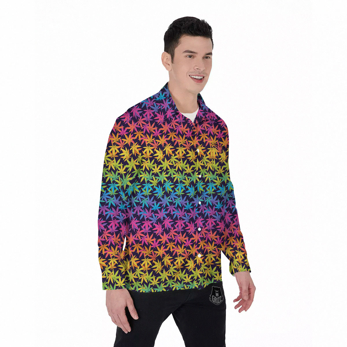 Weed Leaf Colorful Print Pattern Men's Long Sleeve Shirts-grizzshop