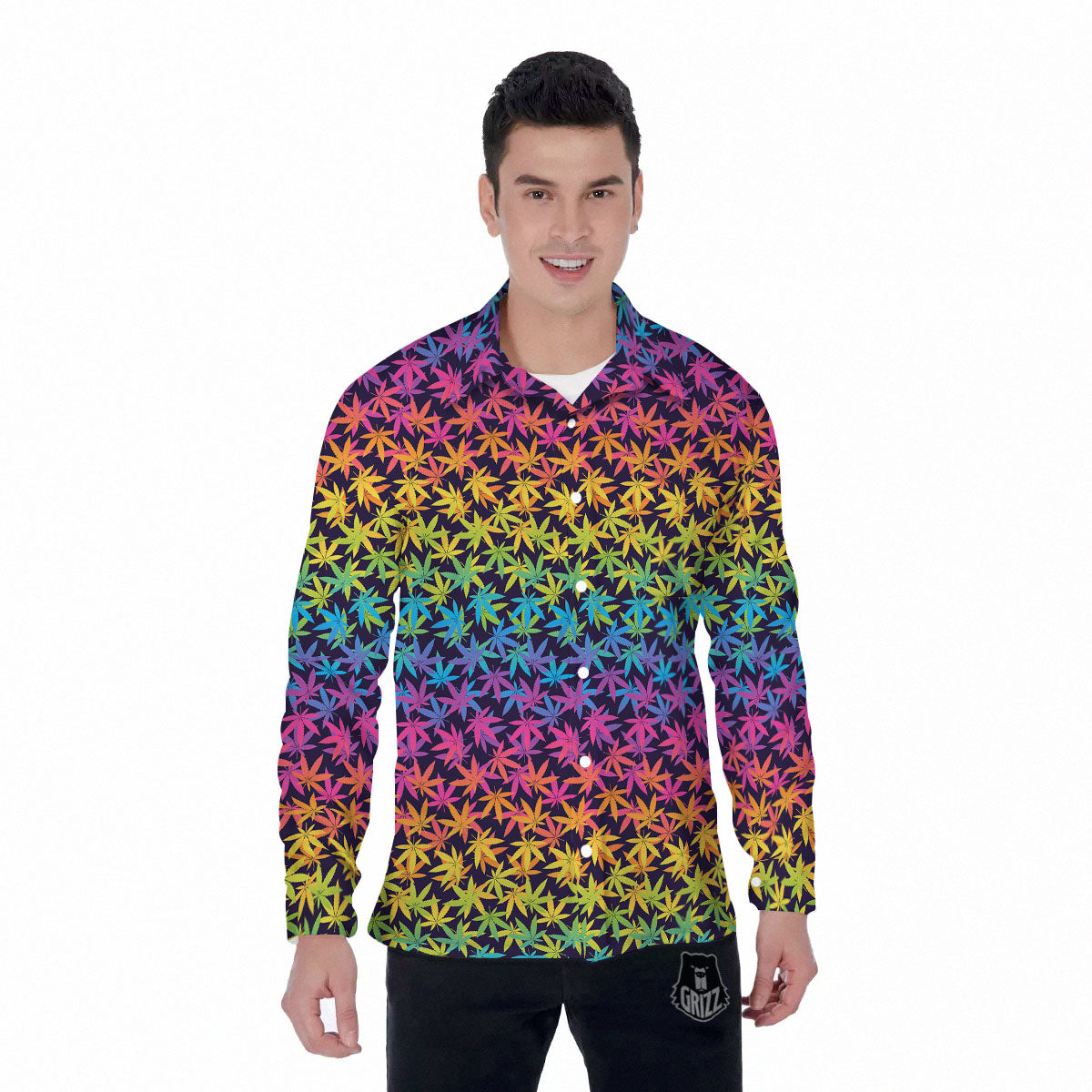 Weed Leaf Colorful Print Pattern Men's Long Sleeve Shirts-grizzshop