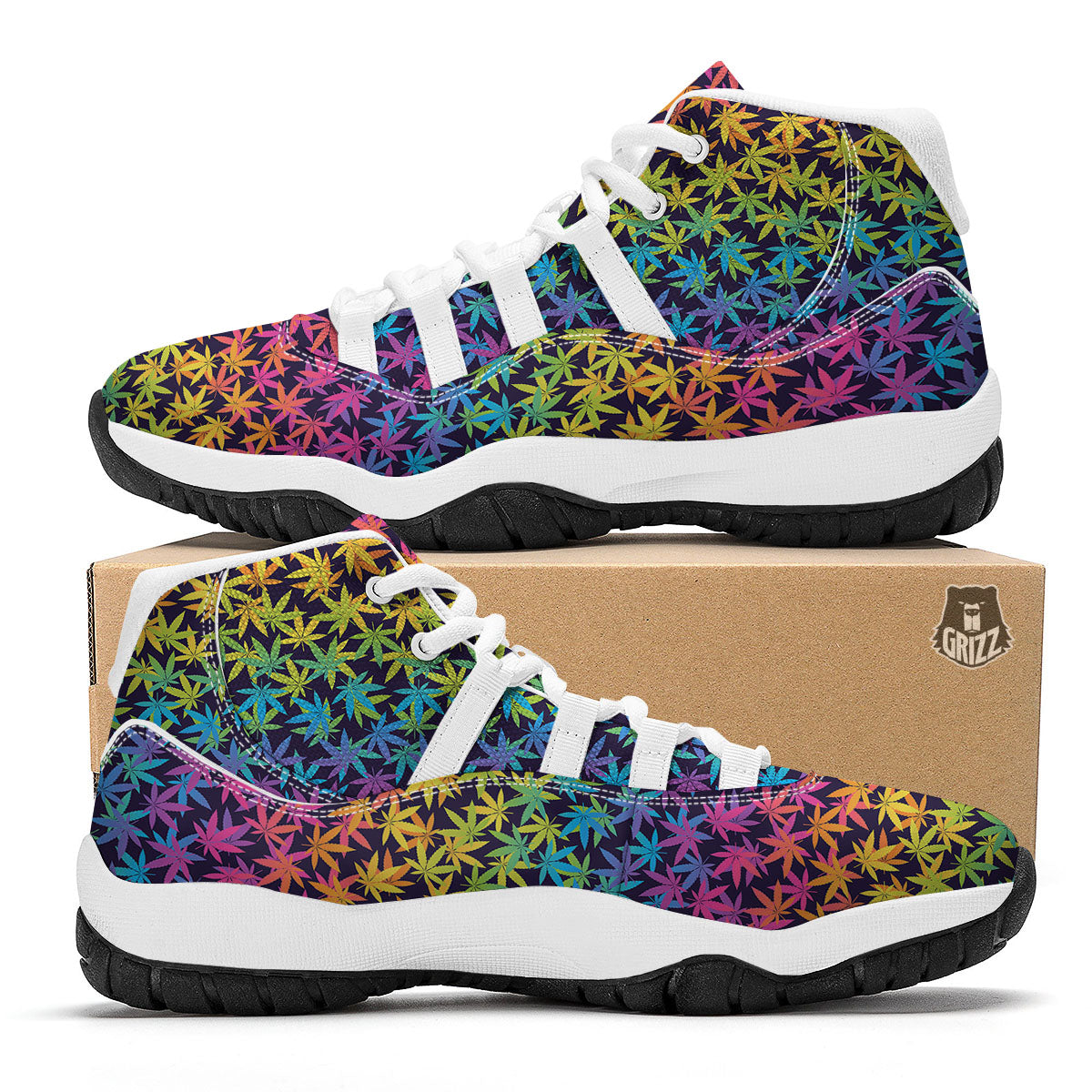 Weed Leaf Colorful Print Pattern White Bball Shoes-grizzshop