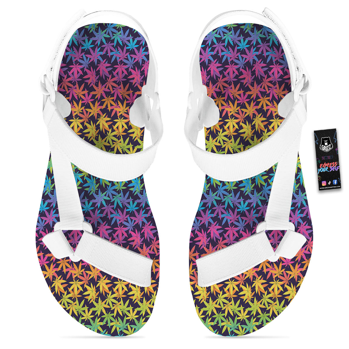 Weed Leaf Colorful Print Pattern White Open Toe Sandals-grizzshop