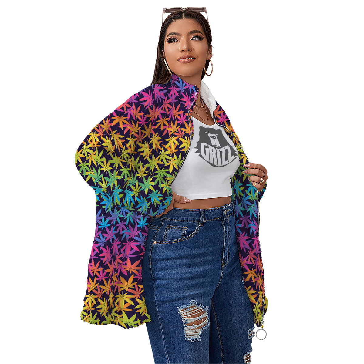 Weed Leaf Colorful Print Pattern Women's Sherpa Jacket-grizzshop