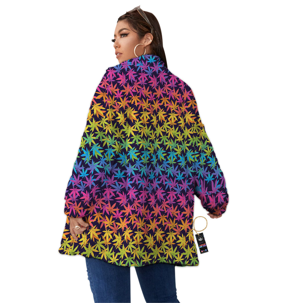 Weed Leaf Colorful Print Pattern Women's Sherpa Jacket-grizzshop