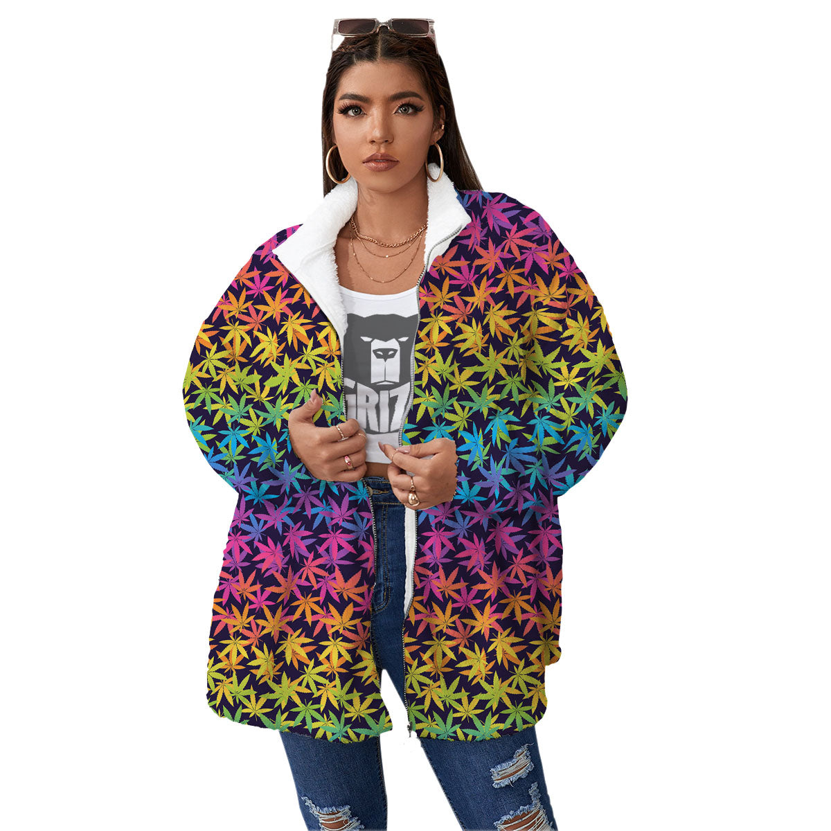Weed Leaf Colorful Print Pattern Women's Sherpa Jacket-grizzshop