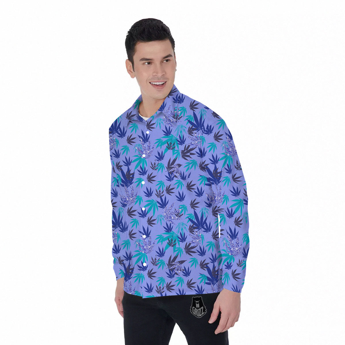 Weed Leaf Purple Print Pattern Men's Long Sleeve Shirts-grizzshop