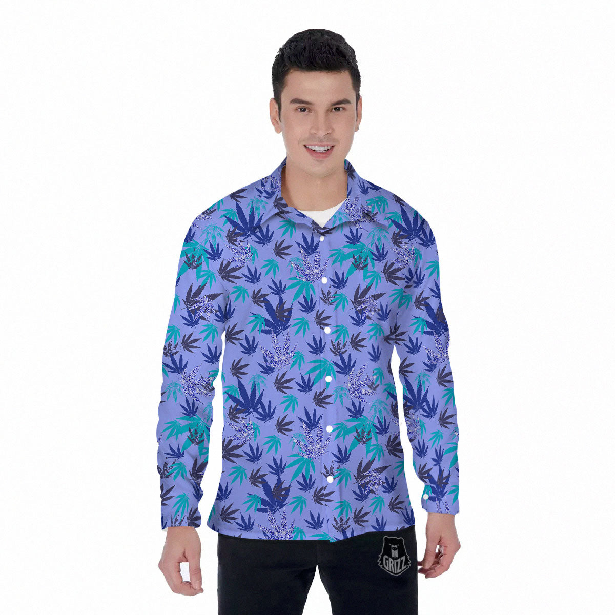 Weed Leaf Purple Print Pattern Men's Long Sleeve Shirts-grizzshop