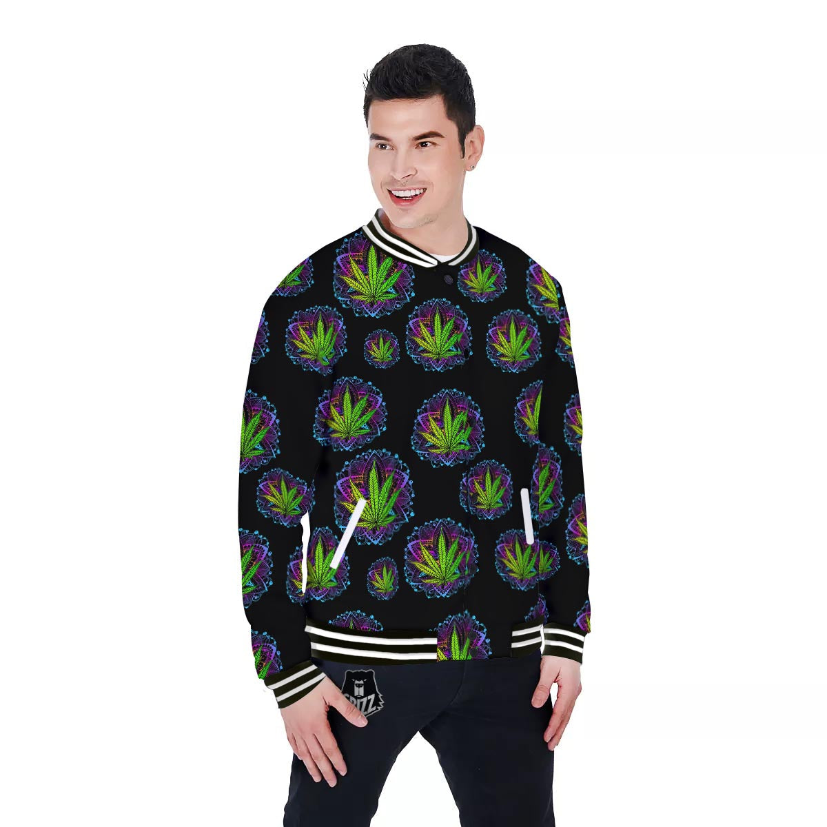 Weed Leaf Trippy Print Pattern Baseball Jacket-grizzshop