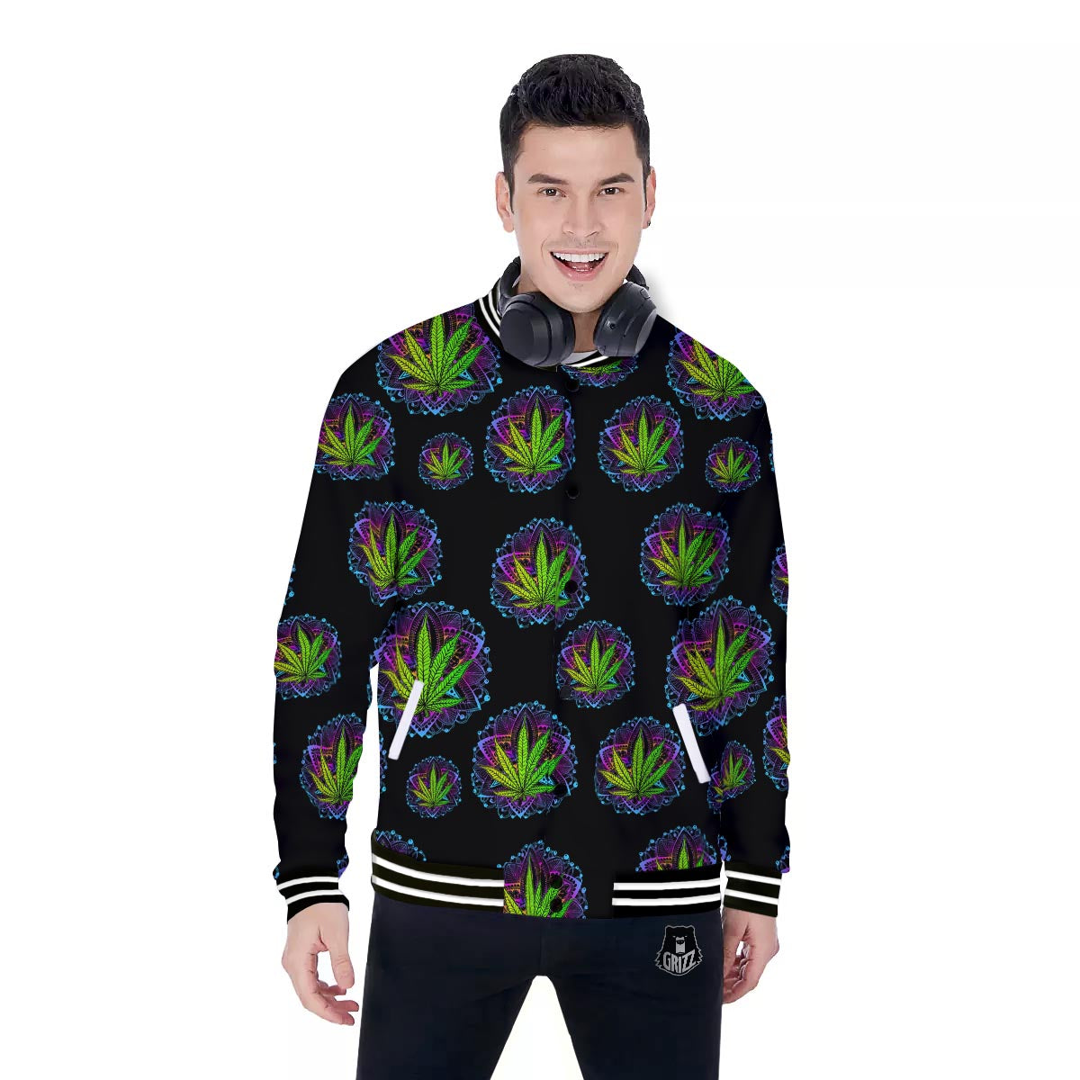 Weed Leaf Trippy Print Pattern Baseball Jacket-grizzshop