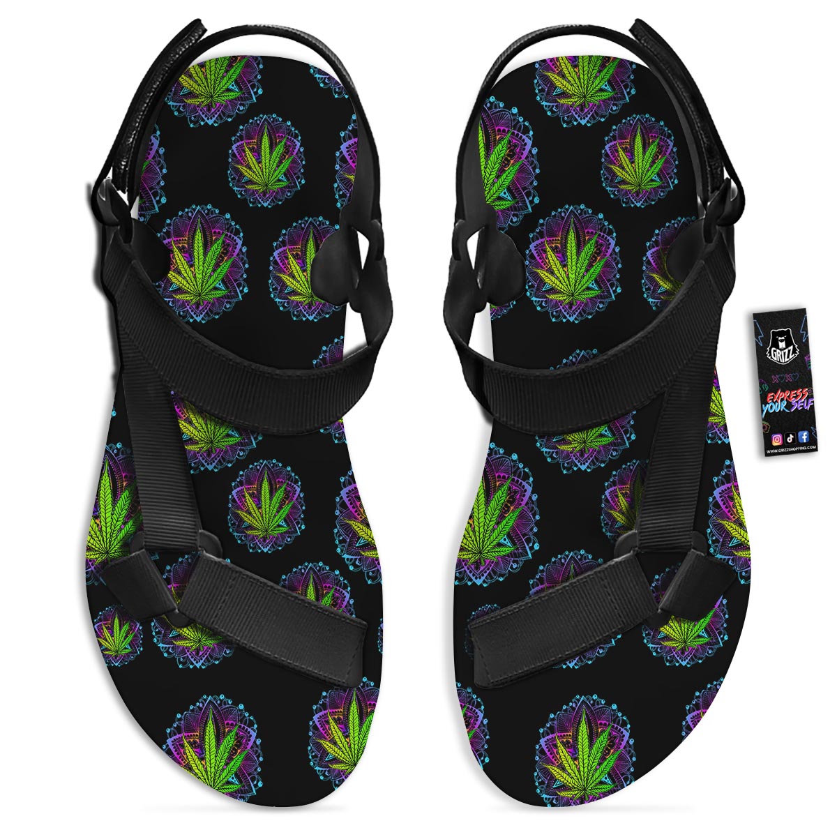 Weed Leaf Trippy Print Pattern Black Open Toe Sandals-grizzshop