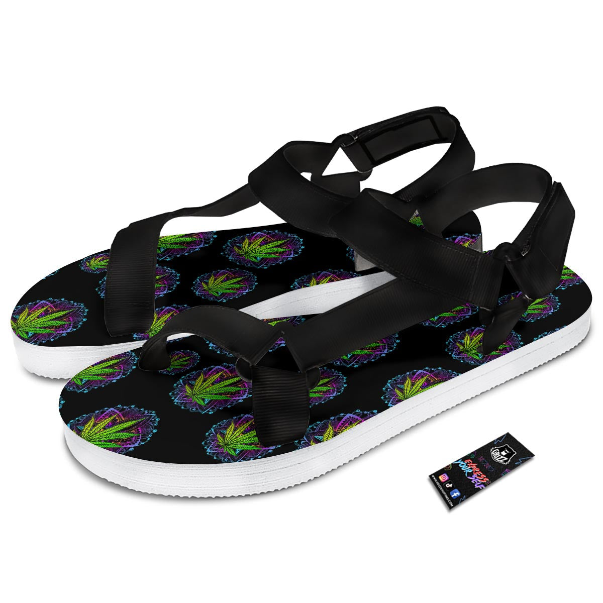 Weed Leaf Trippy Print Pattern Black Open Toe Sandals-grizzshop