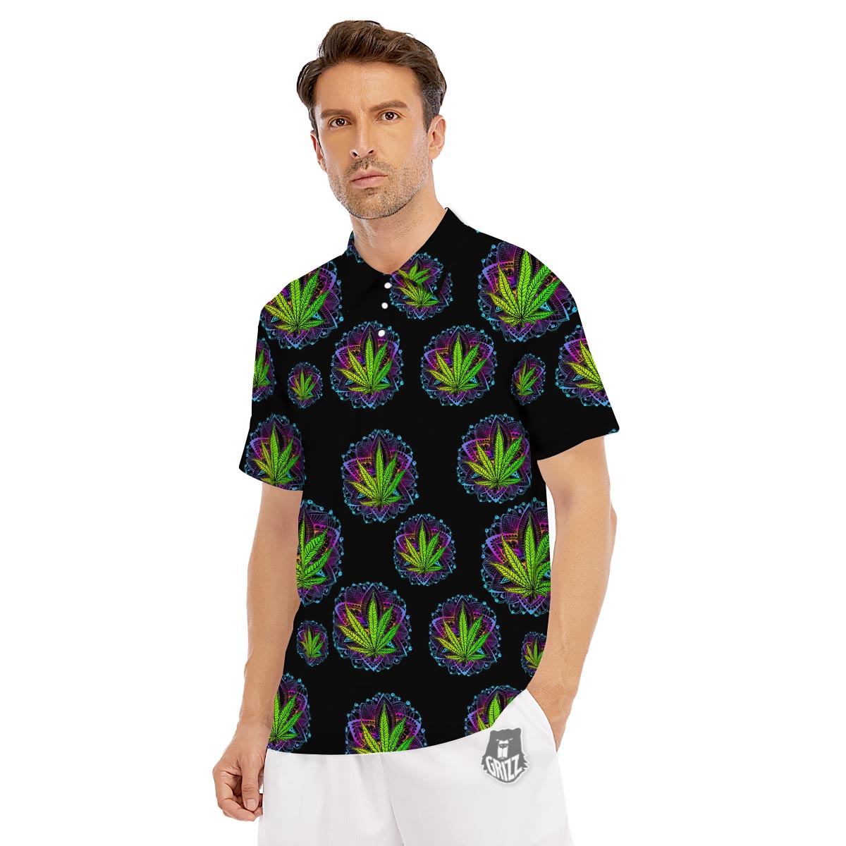Weed Leaf Trippy Print Pattern Men's Golf Shirts-grizzshop