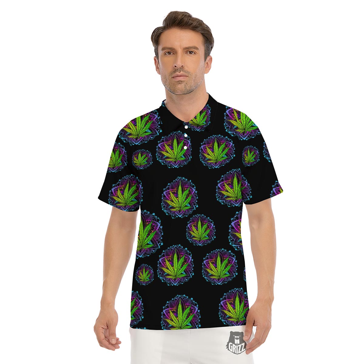Weed Leaf Trippy Print Pattern Men's Golf Shirts-grizzshop