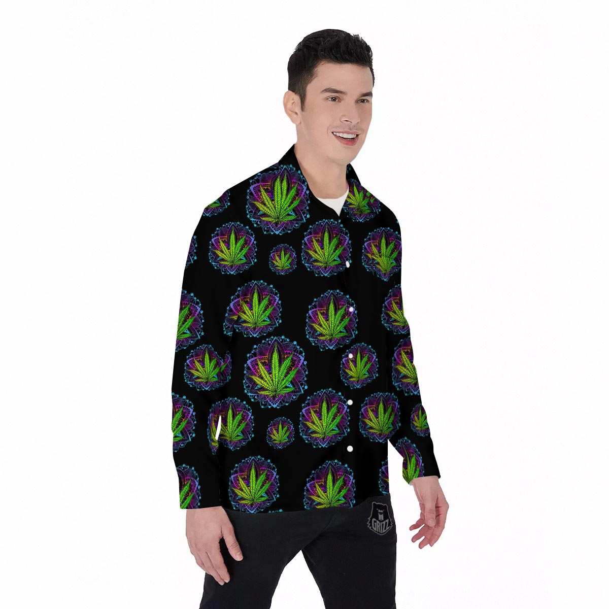 Weed Leaf Trippy Print Pattern Men's Long Sleeve Shirts-grizzshop