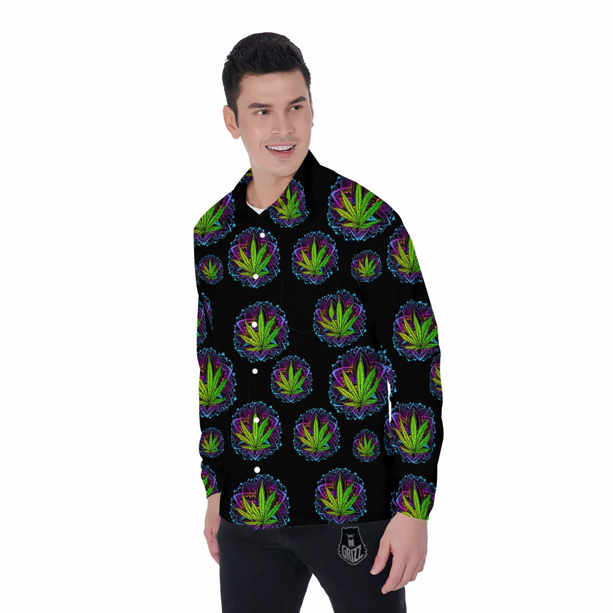 Weed Leaf Trippy Print Pattern Men's Long Sleeve Shirts-grizzshop