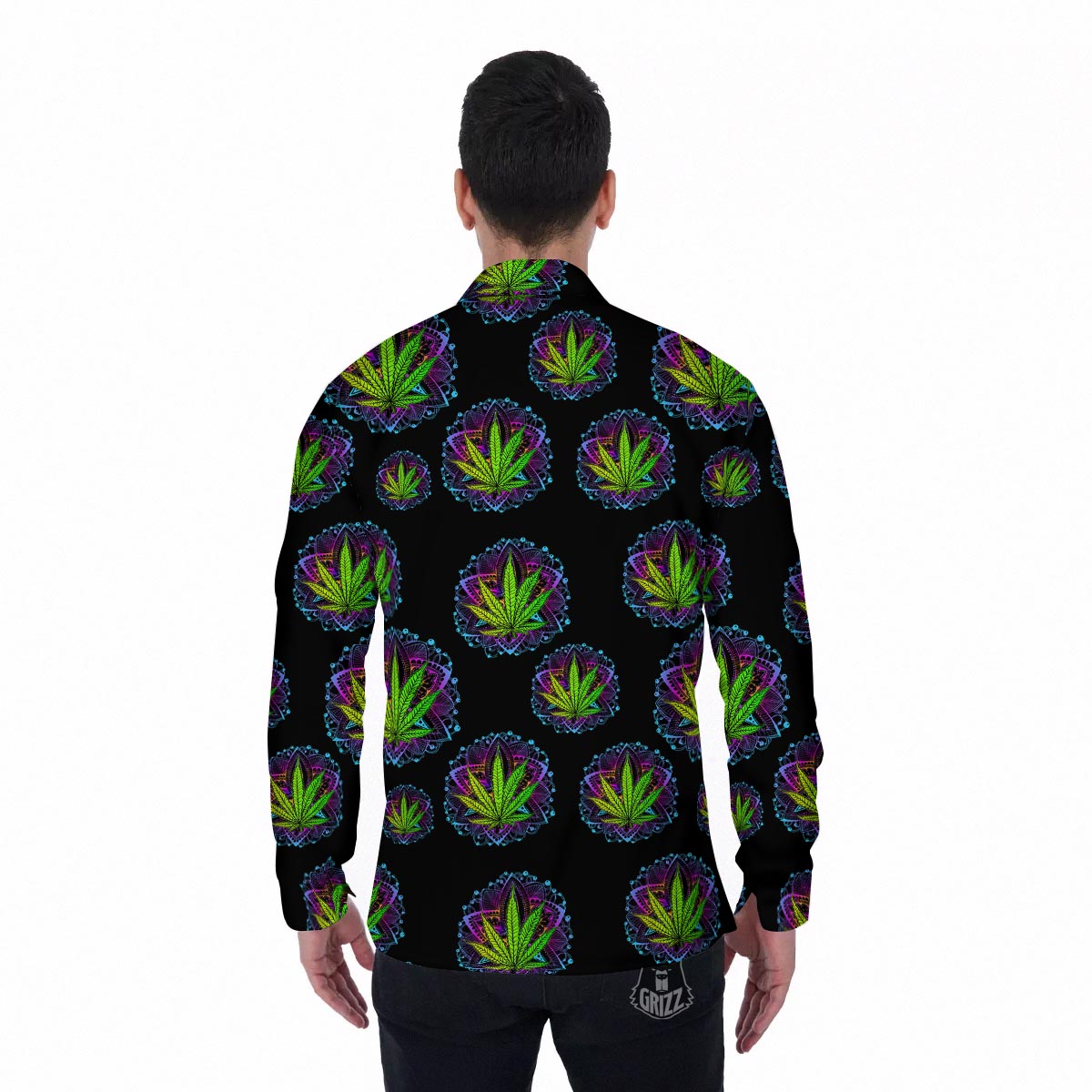 Weed Leaf Trippy Print Pattern Men's Long Sleeve Shirts-grizzshop