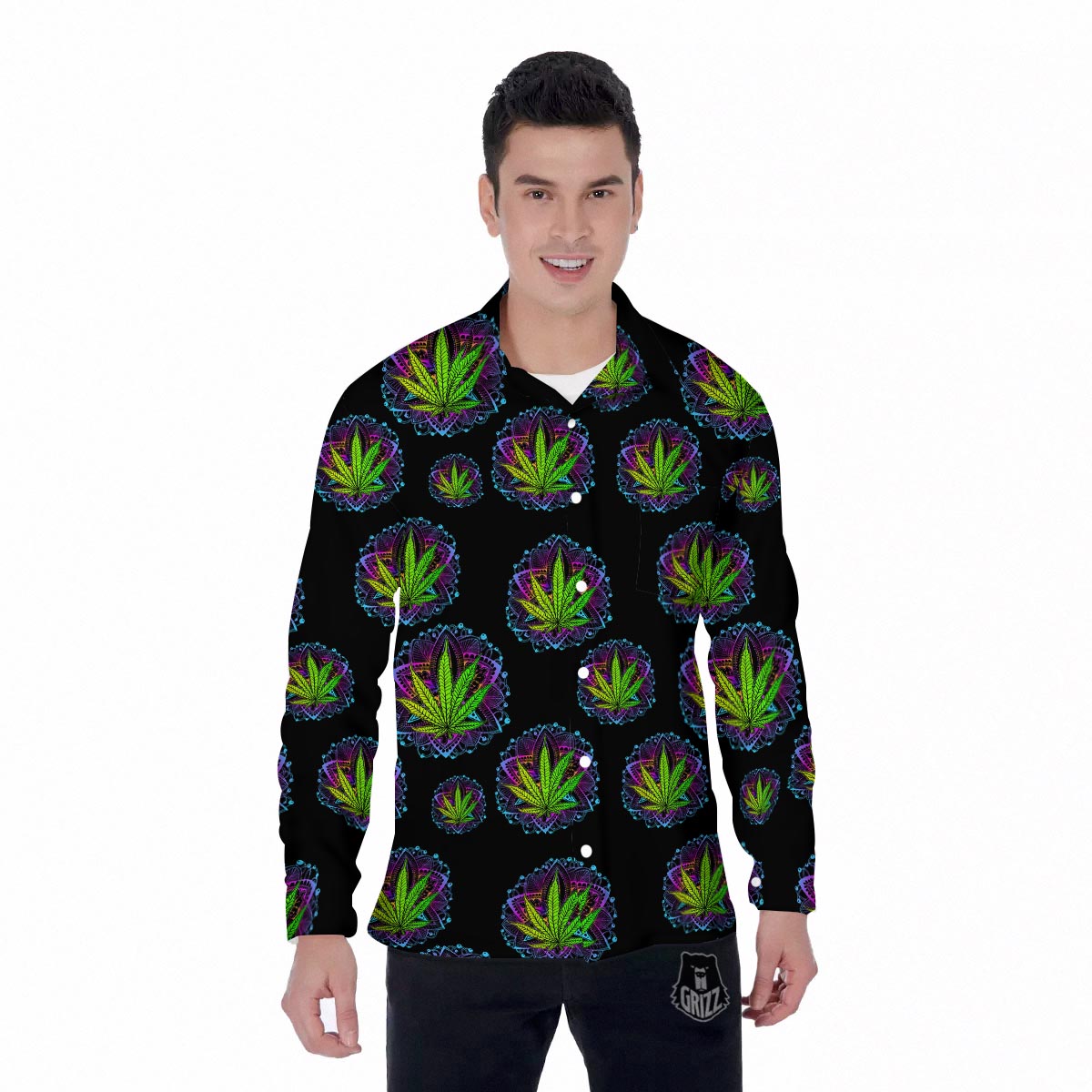 Weed Leaf Trippy Print Pattern Men's Long Sleeve Shirts-grizzshop