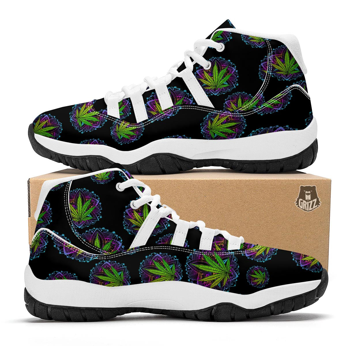Weed Leaf Trippy Print Pattern White Bball Shoes-grizzshop