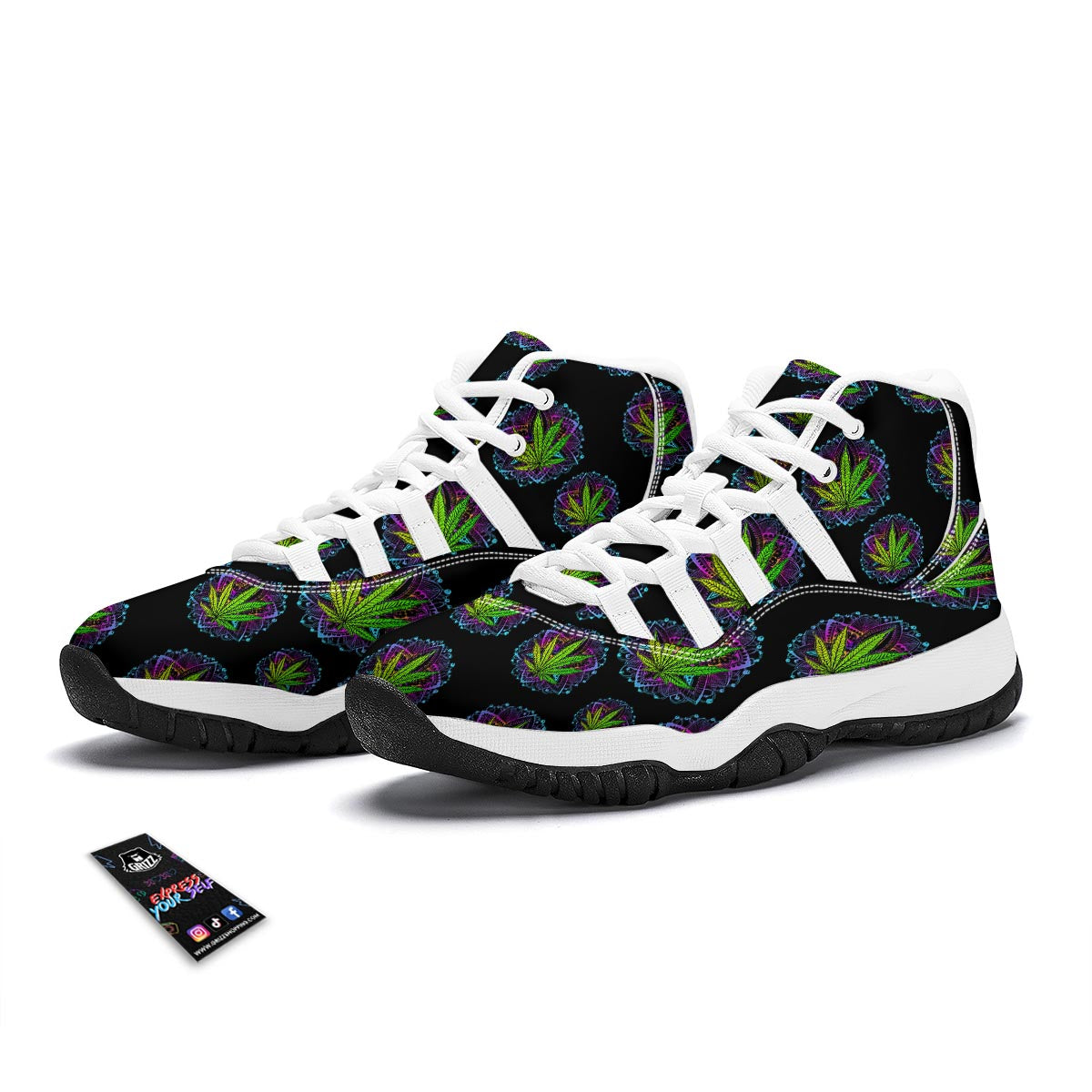 Weed Leaf Trippy Print Pattern White Bball Shoes-grizzshop