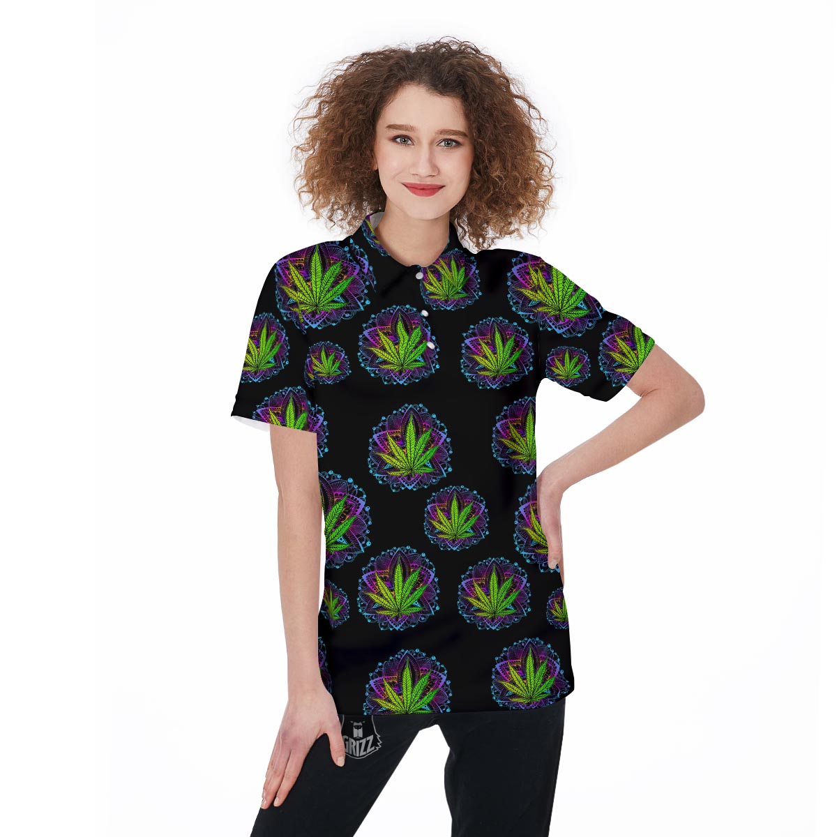 Weed Leaf Trippy Print Pattern Women's Golf Shirts-grizzshop