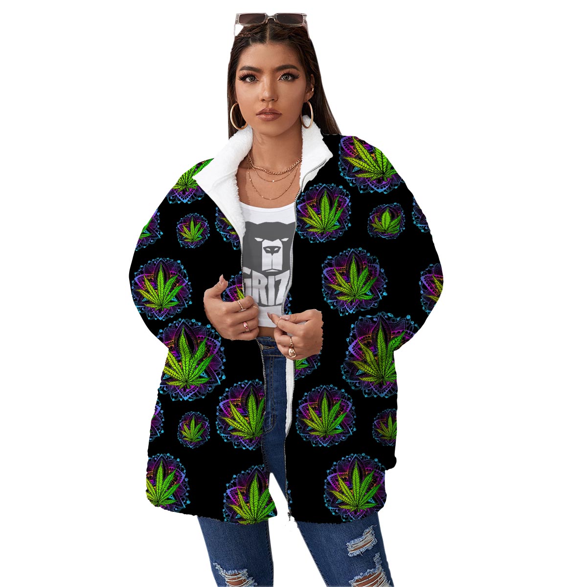 Weed Leaf Trippy Print Pattern Women's Sherpa Jacket-grizzshop
