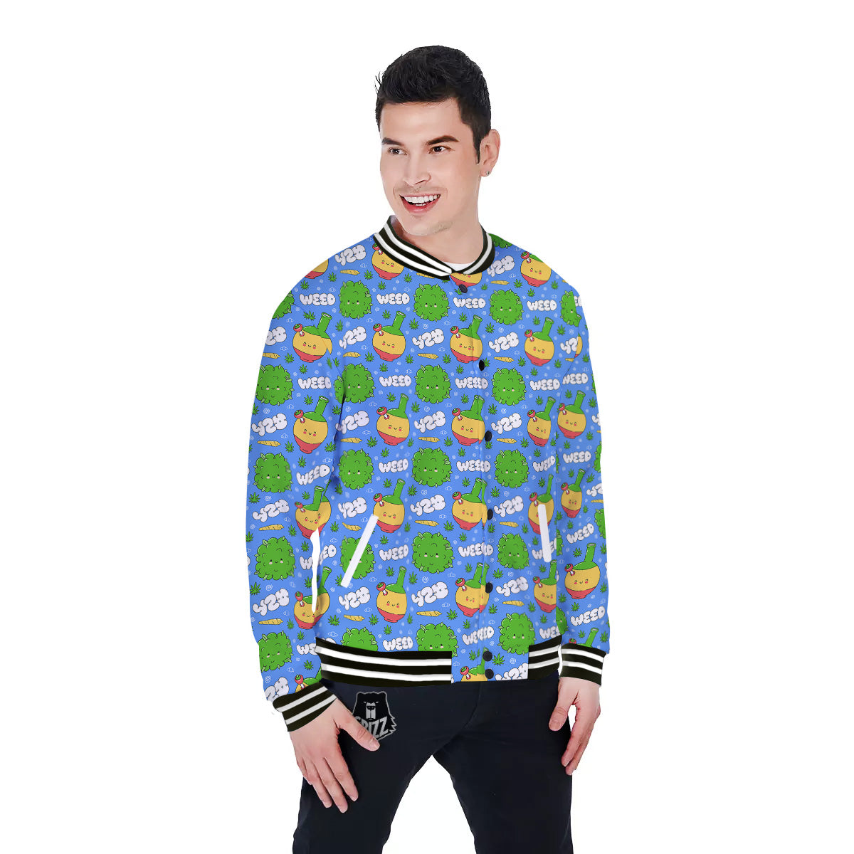 Weed Marijuana Cartoon Print Pattern Baseball Jacket-grizzshop