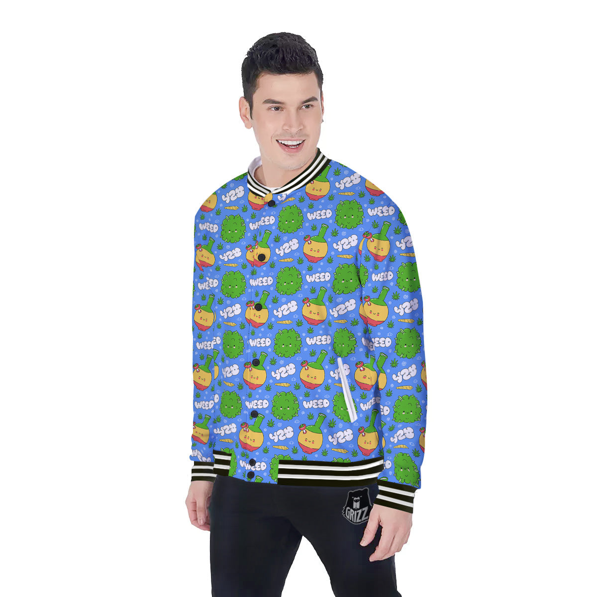 Weed Marijuana Cartoon Print Pattern Baseball Jacket-grizzshop