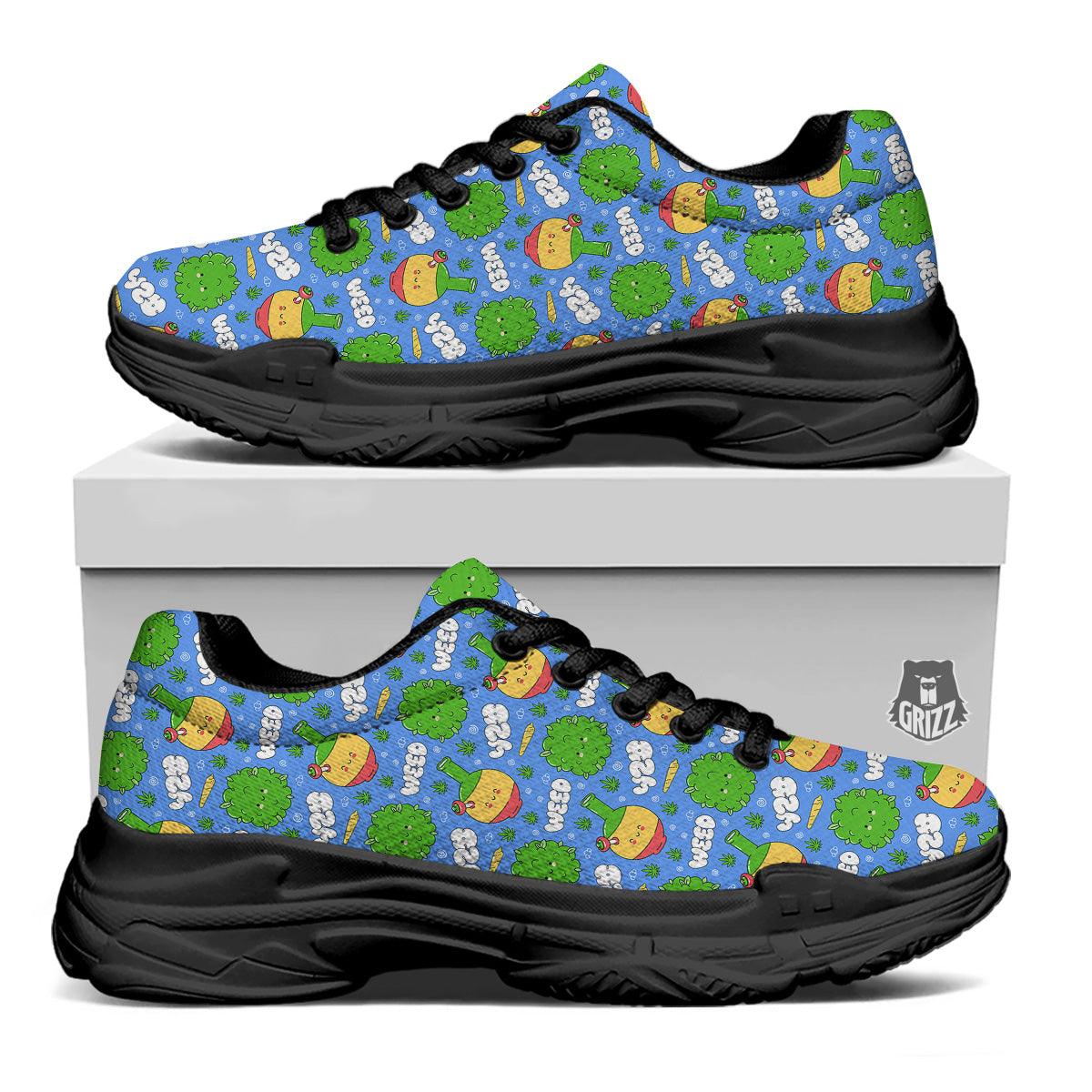Weed Marijuana Cartoon Print Pattern Black Chunky Shoes-grizzshop