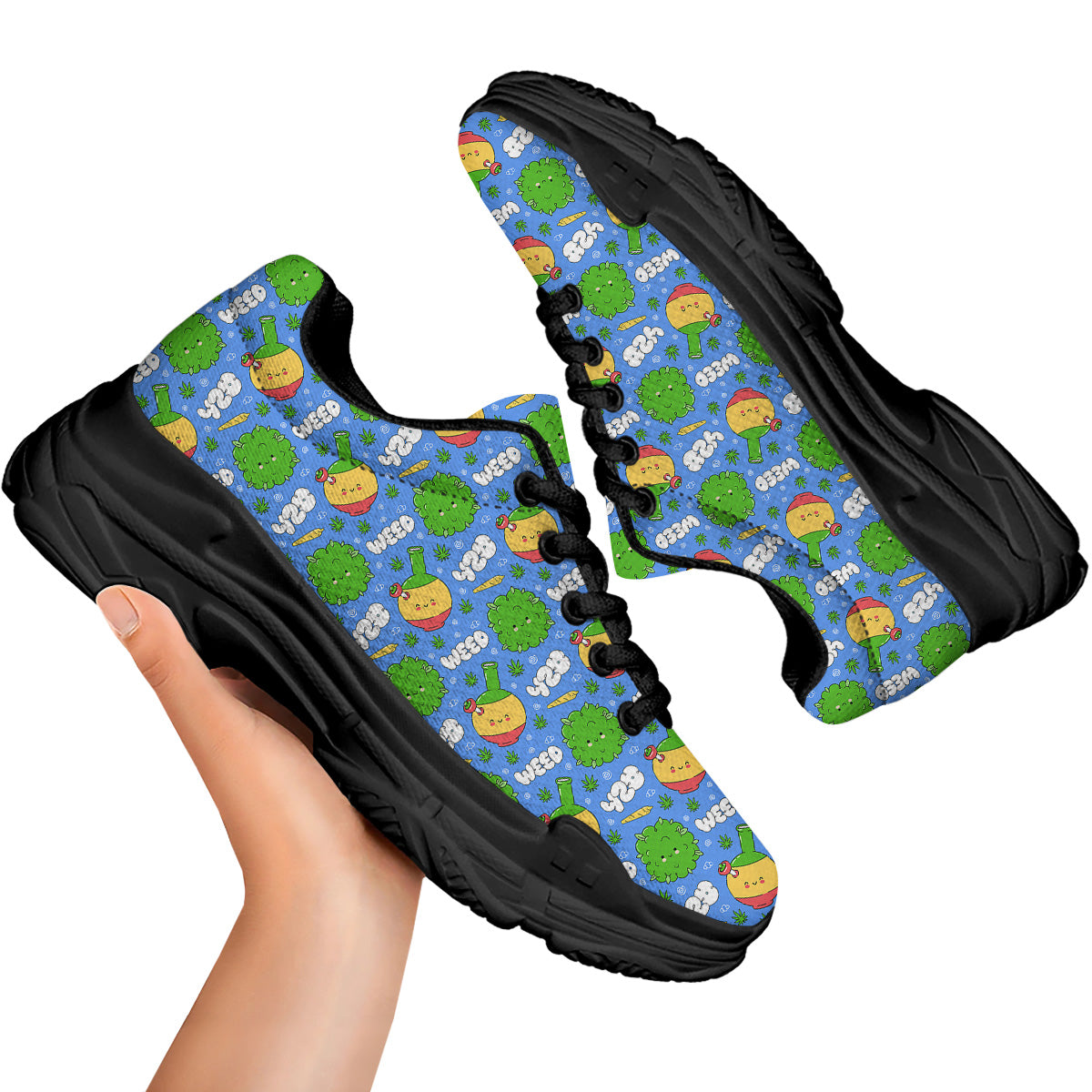 Weed Marijuana Cartoon Print Pattern Black Chunky Shoes-grizzshop