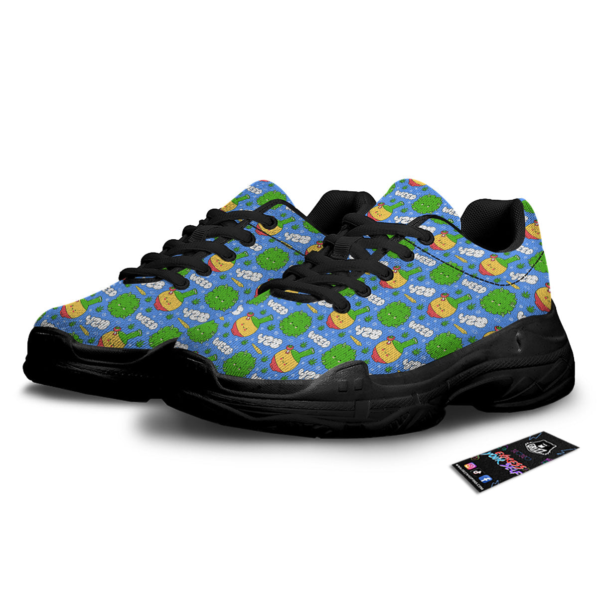 Weed Marijuana Cartoon Print Pattern Black Chunky Shoes-grizzshop