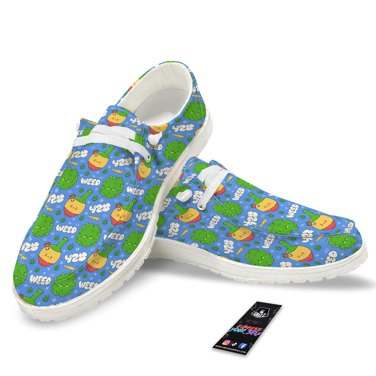 Weed Marijuana Cartoon Print Pattern White Loafers-grizzshop