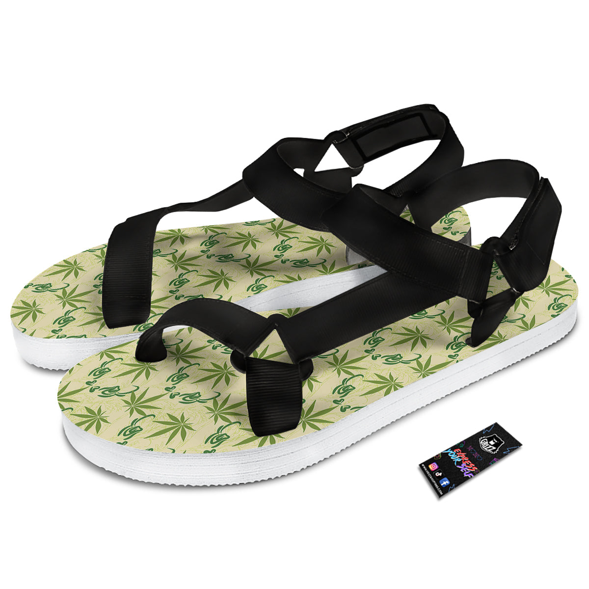 Weed Zigzag Print Pattern Black Open Toe Sandals-grizzshop