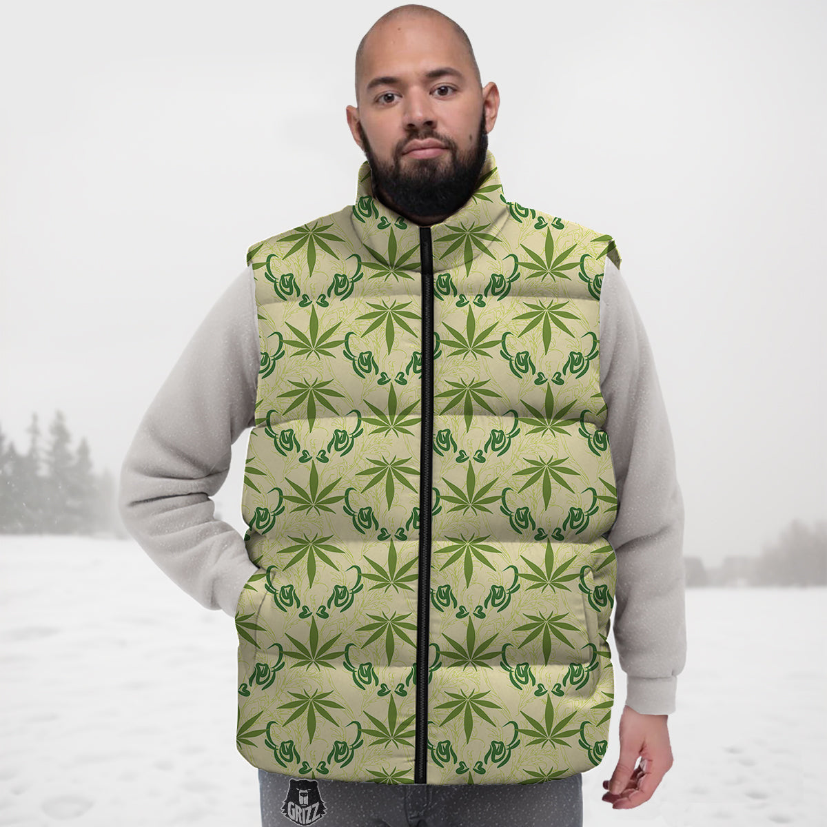 Weed Zigzag Print Pattern Down Vest-grizzshop