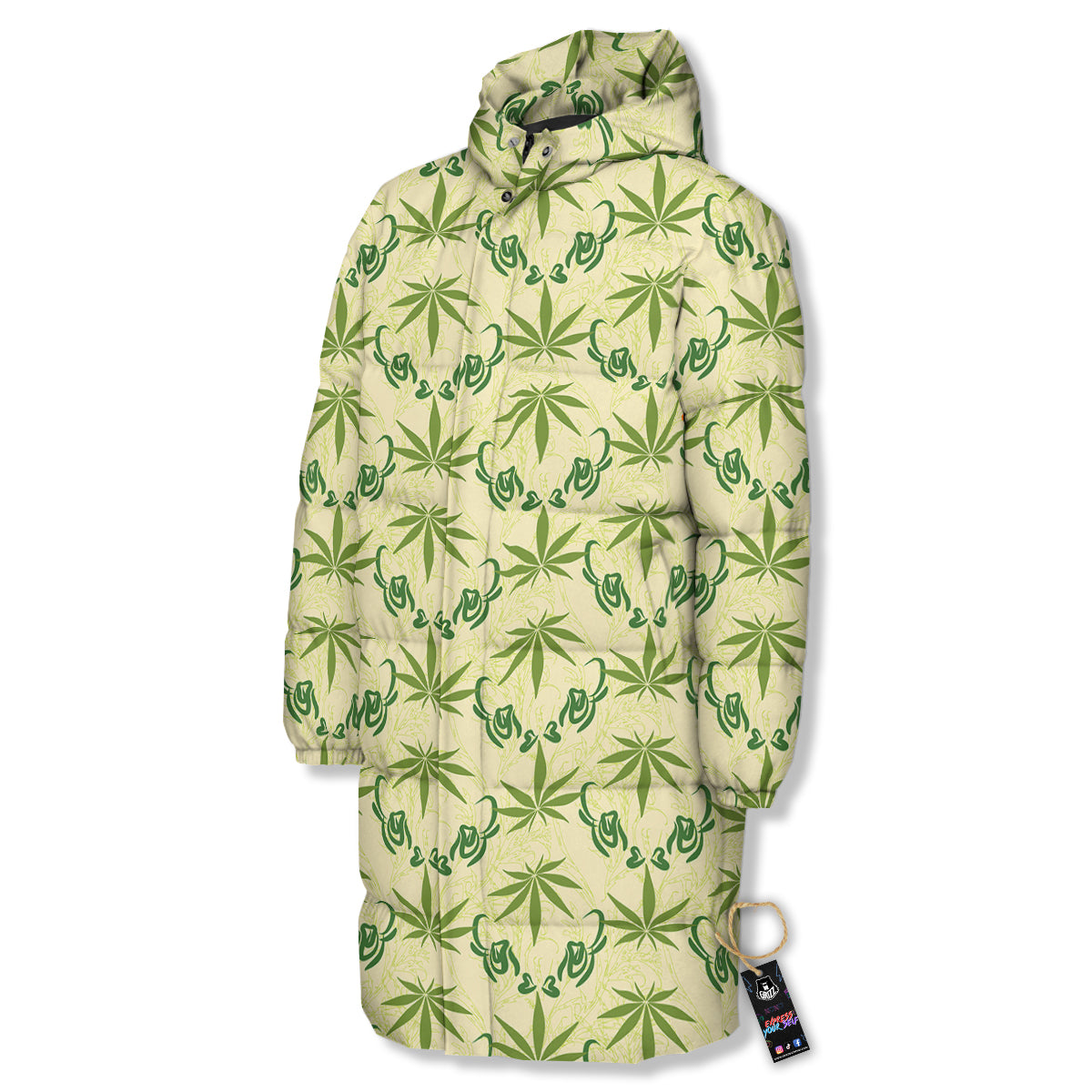 Weed Zigzag Print Pattern Long Down Jacket-grizzshop