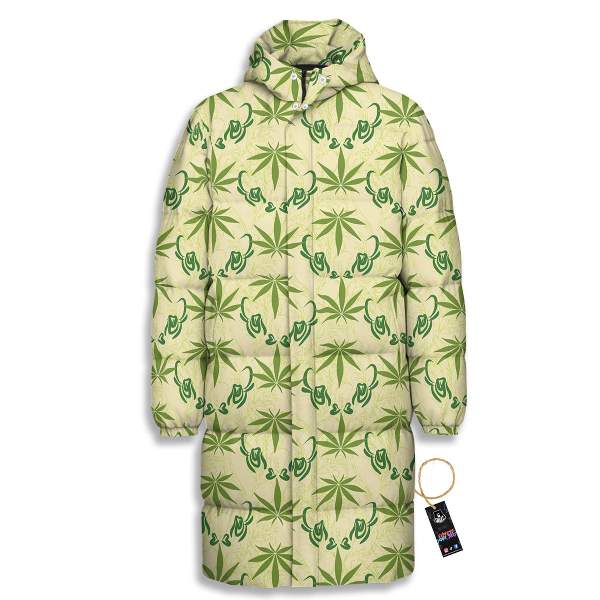 Weed Zigzag Print Pattern Long Down Jacket-grizzshop