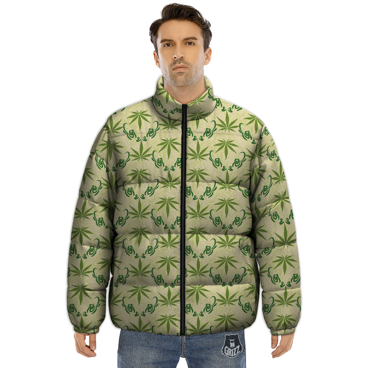 Weed Zigzag Print Pattern Puffer Jacket-grizzshop