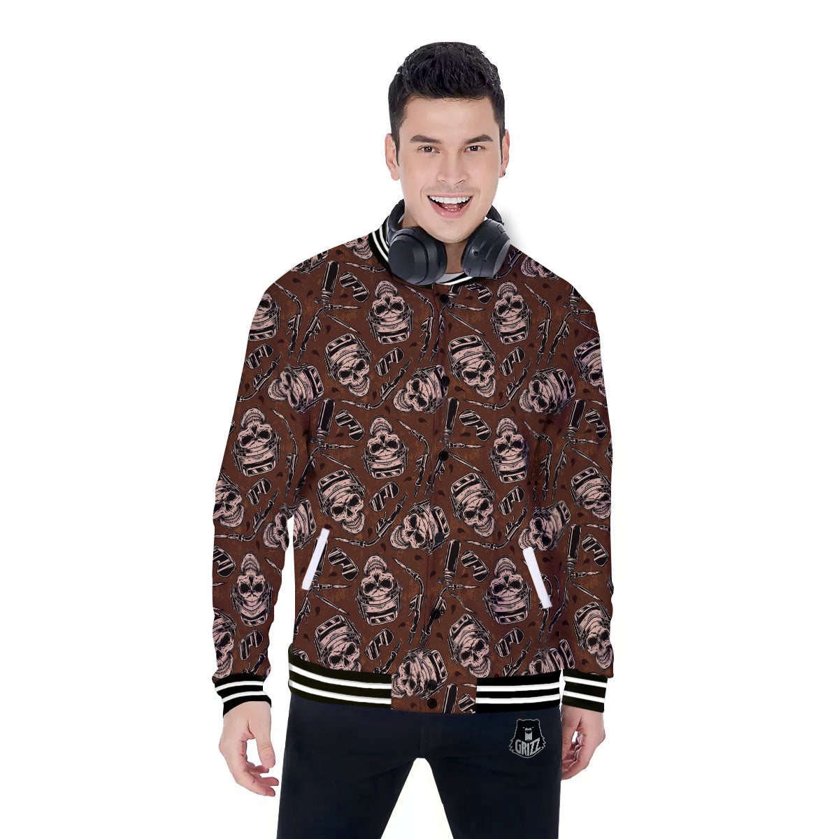 Welder Skull Print Pattern Baseball Jacket-grizzshop