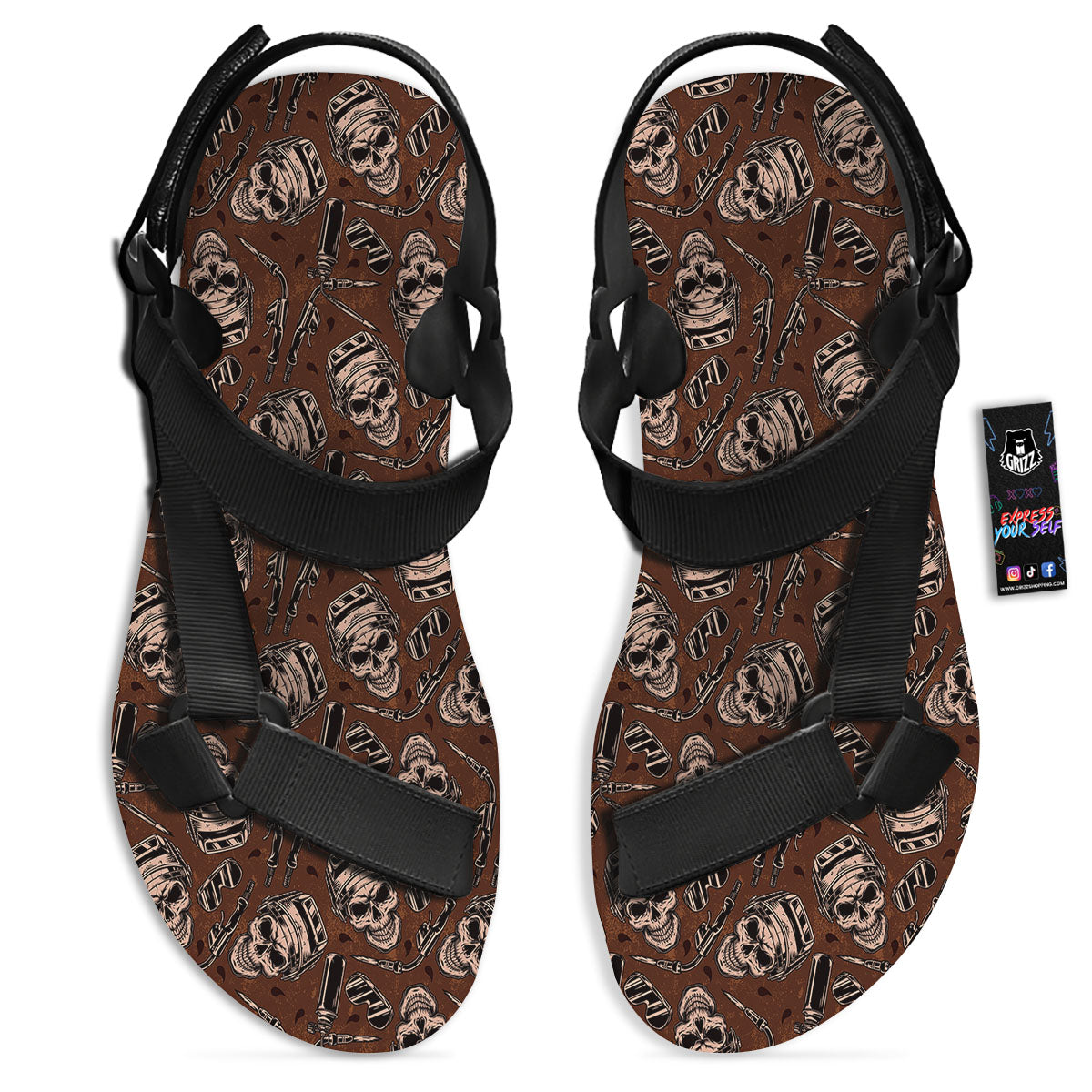 Welder Skull Print Pattern Black Open Toe Sandals-grizzshop