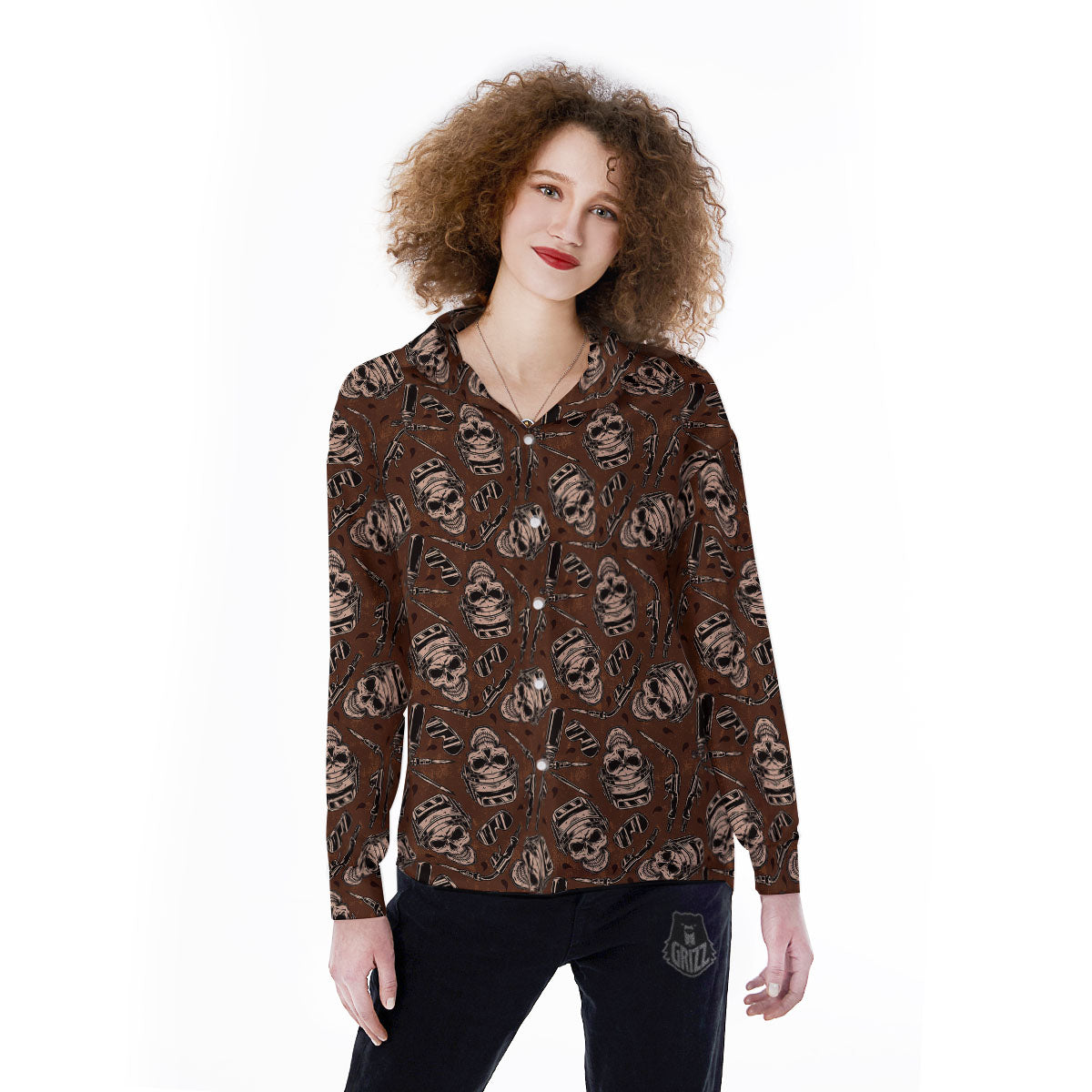 Welder Skull Print Pattern Women's Long Sleeve Shirts-grizzshop